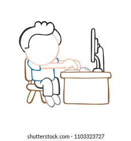 Vector hand-drawn cartoon illustration of man sitting behind desk working on computer.