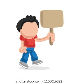 Vector hand-drawn cartoon illustration of man walking holding blank placard.