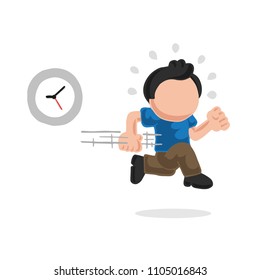 Vector hand-drawn cartoon illustration of man running late with clock.