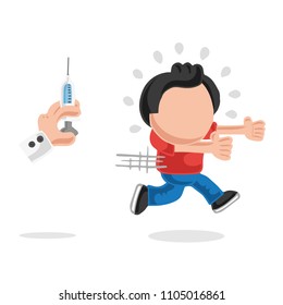 Vector hand-drawn cartoon illustration of man afraid and running from doctor's syringe.