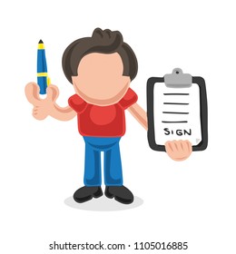 Vector hand-drawn cartoon illustration of man holding pen and clipboard of document for signing.