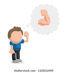Vector hand-drawn cartoon illustration of man standing dreaming of being muscular.