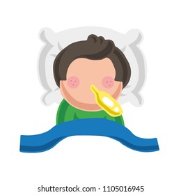 Vector hand-drawn cartoon illustration of man lying in bed sick with flu with thermometer.