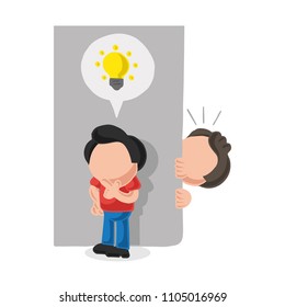 Vector hand-drawn cartoon illustration of man spying on man with light bulb icon idea behind wall.
