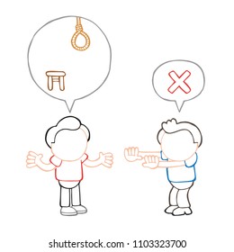 Vector hand-drawn cartoon illustration of men with speech bubble arguing on death by hanging sentence.