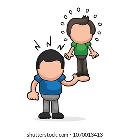 Vector hand-drawn cartoon illustration of muscleman lifting puny guy.