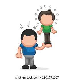 Vector hand-drawn cartoon illustration of muscleman lifting puny guy.