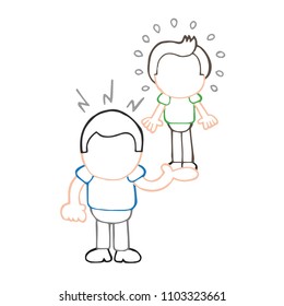Vector hand-drawn cartoon illustration of muscleman lifting puny guy.
