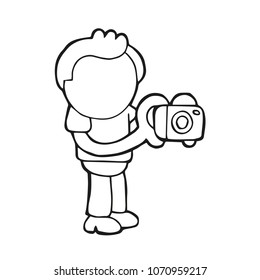 Vector hand-drawn cartoon illustration of photographer man standing shooting with camera.