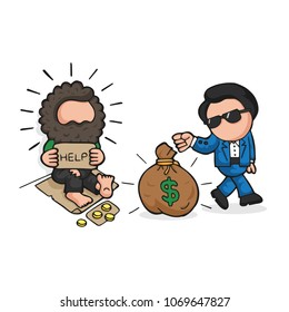 Vector hand-drawn cartoon illustration of rich man giving money bag to homeless on sidewalk and homeless is shocked.