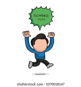 Vector hand-drawn cartoon illustration of running man with scared thought bubble 
