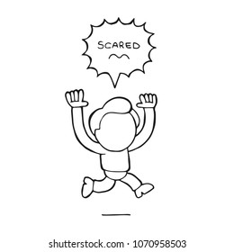 Vector hand-drawn cartoon illustration of running man with scared thought bubble 