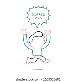 Vector hand-drawn cartoon illustration of running man with scared thought bubble