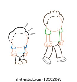 Vector hand-drawn cartoon illustration of short man look and envy tall man.