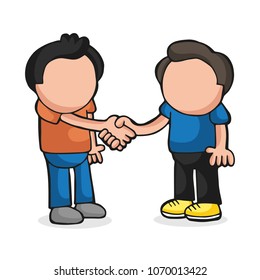 Vector hand-drawn cartoon illustration of two men standing shaking hands.