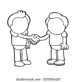 Vector hand-drawn cartoon illustration of two men standing shaking hands.