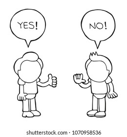 Vector hand-drawn cartoon illustration of two men arguing yes no in speech bubbles.