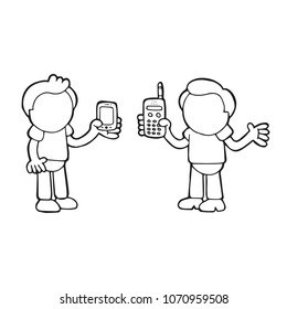 Vector hand-drawn cartoon illustration of two men show their new and old phones each other.