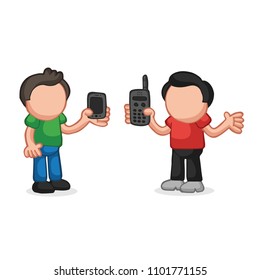Vector hand-drawn cartoon illustration of two men show their new and old phones each other.