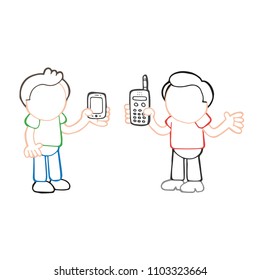 Vector hand-drawn cartoon illustration of two men show their new and old phones each other.