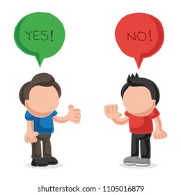 Vector hand-drawn cartoon illustration of two men arguing yes no in speech bubbles.