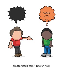 Vector hand-drawn cartoon illustration of white man racist to black man. Stop racism.