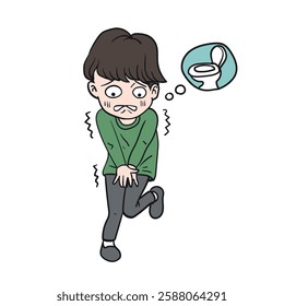 Vector hand-drawn cartoon of Man waiting for toilet with abdominal pain, illustrations and vector art.
