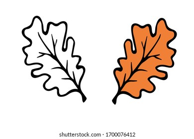 caricatura vectorial hecha a mano hoja de roble naranja. aislado en un fondo blanco. elemento otoño. icono gráfico. libro coloreado con un ejemplo de color.