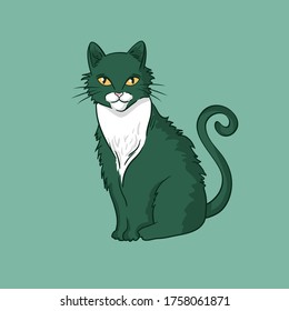 Vector hand-drawn cat isolated on green background.
