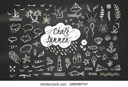 Vector hand-drawn chalk clipart elements on sea / ocean / summer theme. Doodle illustrations on dark blackboard background. Perfect for poster, mug, bag, card or t-shirt design.