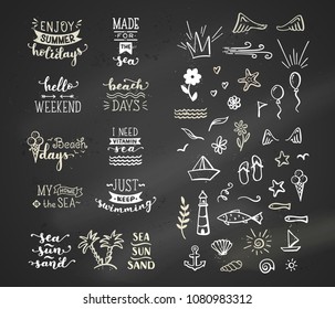 Vector hand-drawn chalk lettering quotes about sea / ocean. Unique calligraphic quotes and phrases written by brush on dark blackboard background. Hand-drawn doodle clipart elements.