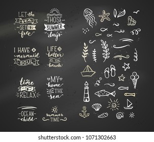 Vector hand-drawn chalk quotes about sea / ocean. Brush lettering design and doodle illustrations for poster, mug, bag, card or t-shirt design. Dark blackboard background.