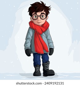 Vector Hand-drawn Child Boy in Jacket, Boots, and Red Scarf on White Winter Snowy Background