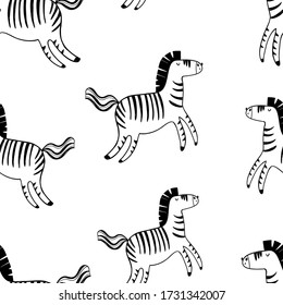 Vector hand-drawn childish seamless repeating simple flat pattern with zebras in Scandinavian style on a white background. Cute baby animals. Pattern for children with animals.
