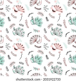 Vector hand-drawn childish seamless repeating simple flat pattern with peacock and flora in Scandinavian style on a white background. Repeating design for wrapping paper, fabric, wallpaper, home decor