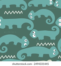 Vector hand-drawn  childish seamless repeating simple flat pattern with chameleons in scandinavian style on a green background. Cute baby animals. Pattern for kids with chameleon. Lizard.