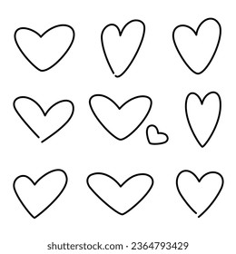 Vector hand-drawn childlike doodle heart icon set. Black stroke on white background.