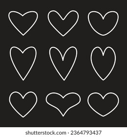 Vector hand-drawn childlike doodle heart icon set. White stroke on a black background. Valentine's day, symbol of love.