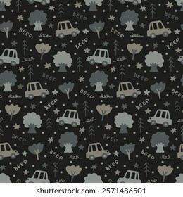 Vector hand-drawn children seamless pattern with cars in forest on black background. Baby simple gray repeating ornament with transport. Prints of fabric for boys' outerwear. Dark nursery wallpaper.