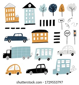 Vector hand-drawn children simple set with cars, houses, trees in Scandinavian style on a white background. Children's set with cars. Transport. Road. City. Architecture.
