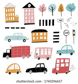 Vector hand-drawn children simple set with cars, houses, trees in Scandinavian style on a white background. Children's set with cars. Transport. Road. City. Architecture.
