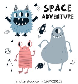 Vector hand-drawn children's color simple flat set with cute funny aliens monsters, space doodles and lettering on a white background. Vector set of monsters. Space. Scandinavian style.