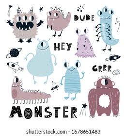 Vector hand-drawn children's color simple flat set with cute funny aliens monsters, space doodles and lettering on a white background. Vector set of monsters. Space. Scandinavian style.