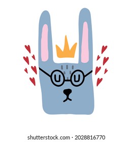 Vector hand-drawn children's illustration of a hare with glasses. Gray hare with a crown and hearts. Illustration for postcards, prints.