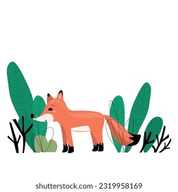 Vector hand-drawn children's illustration, print, the card with the cute fox in flat stile on the white background. 
