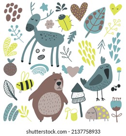 Vector hand-drawn children's nursery collection with cute forest animals in Scandinavian style on a white background. Scandinavian childish's set with animals and plants