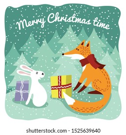 Vector hand-drawn christmas card. Fox and Hare in the winter forest waiting for Christmas and New Year.
