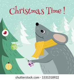 Vector hand-drawn christmas card. Mouse in the winter forest waiting for Christmas and New Year.
