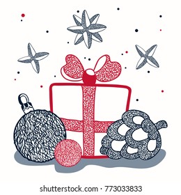 Vector Hand-Drawn Christmas Image. Christmas present with a cone and a ball for a Christmas tree