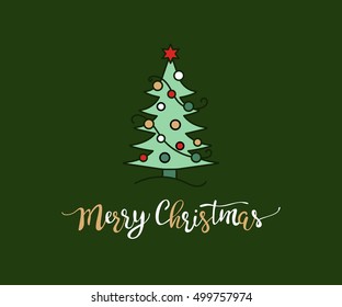 Vector handdrawn Christmas lettering with Christmas tree for luxury greeting modern card.